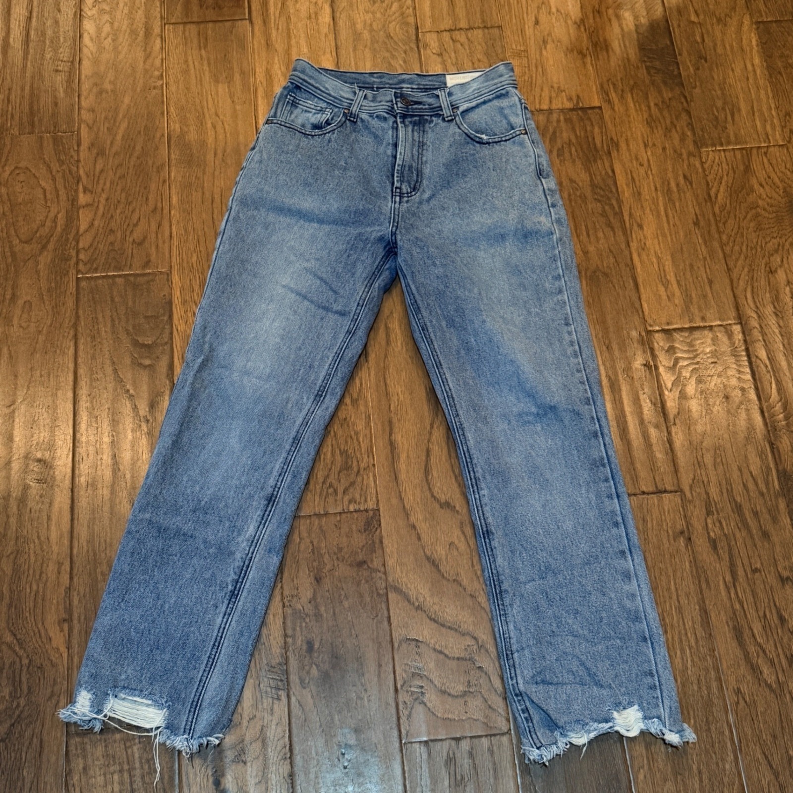 Wishlist Jeans Straight Leg Women Size S Blue Distressed Raw Hem High Waisted